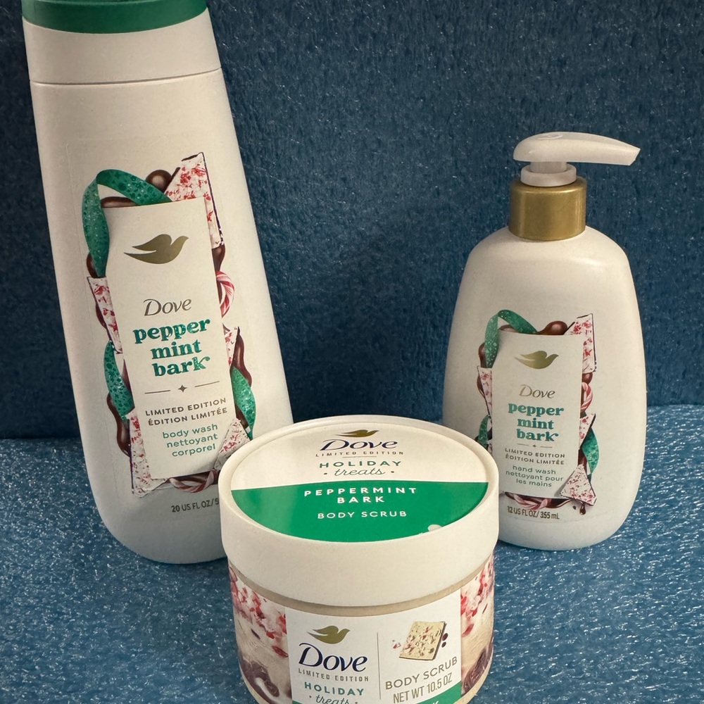 3 piece Dove Peppermint Bark Bath & Body Set - Body Wash, Body Scrub, Hand Soap - Picture 1 of 5